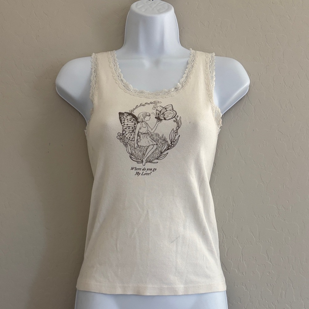 Brandy Melville Cream Graphic Tank Top “Where do you go my lover?”